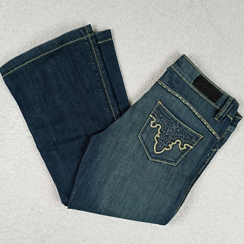 Vintage Antik Bootcut Jeans Womens 30 33X34 Blue 90s Embroidered Flare Hippie
